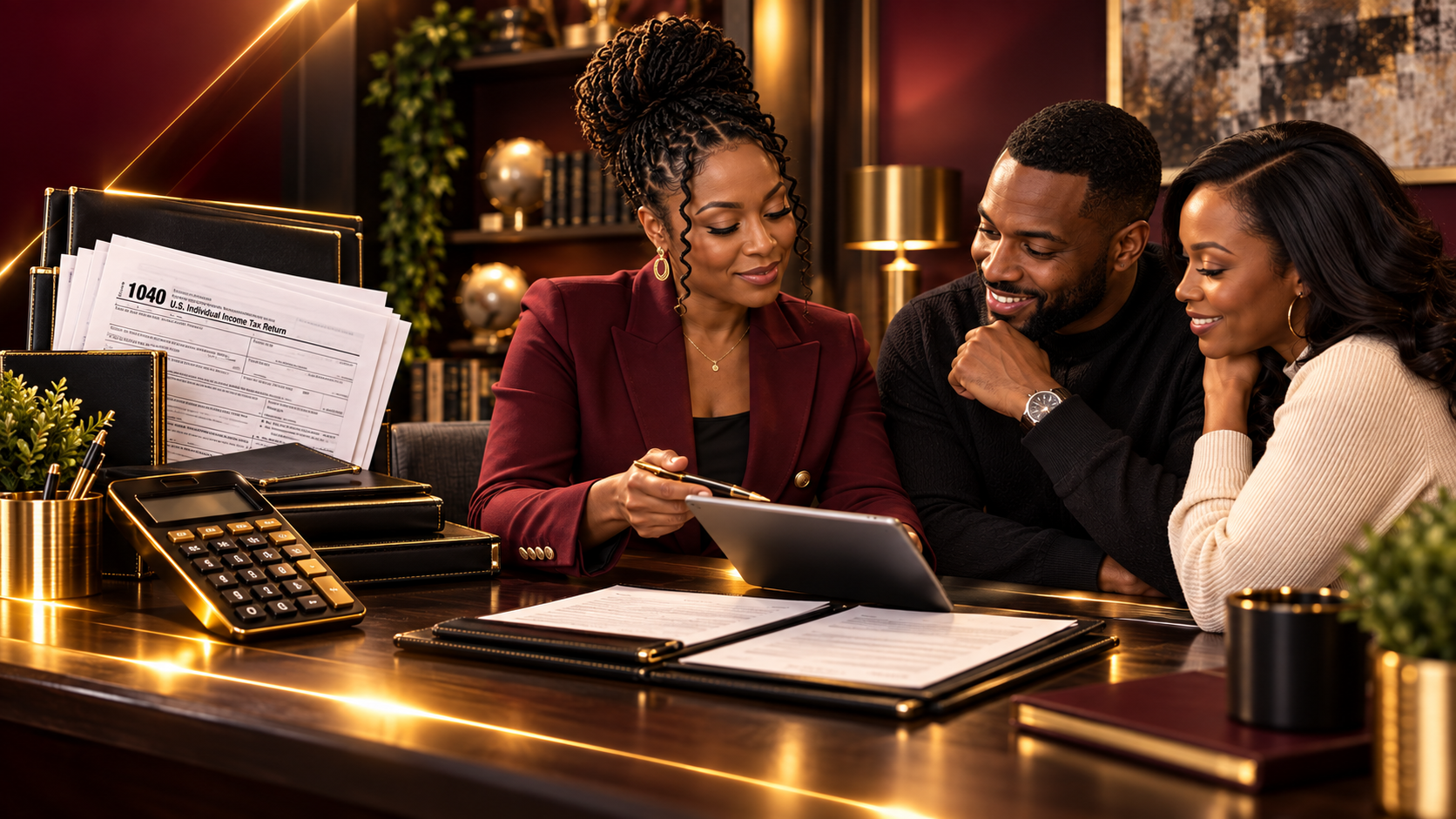 Tax professional reviewing documents with two clients